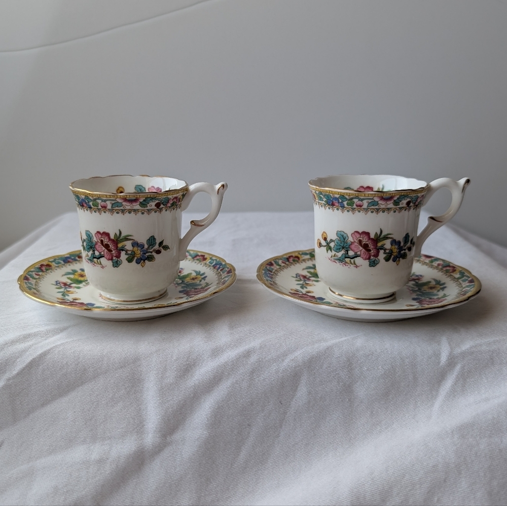 Coalport Ming Rose Bone China Floral Gold Demitasse Footed Cups With Saucers- 2